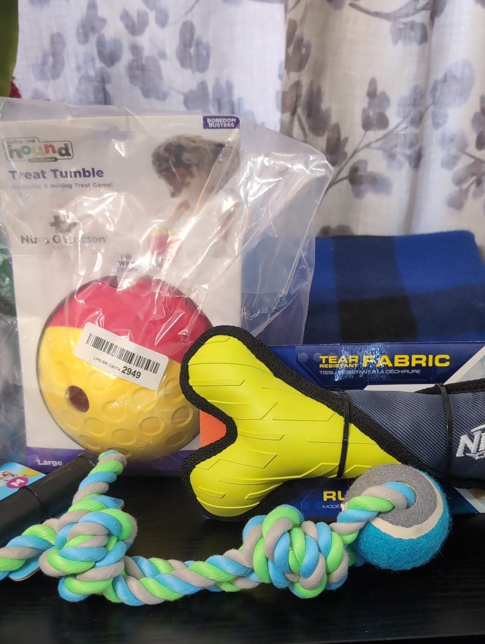 Outward Hound Yellow and Blue Rope Ball Tug Toy with Neon Yellow Bone